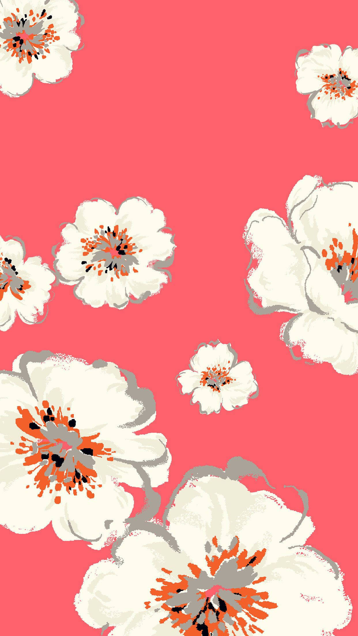 cute girly phone 桌布 壁紙 — 白色花朵帶有橙色和灰色花心，在充滿活力的珊瑚色背景上以風格化圖案綻放。