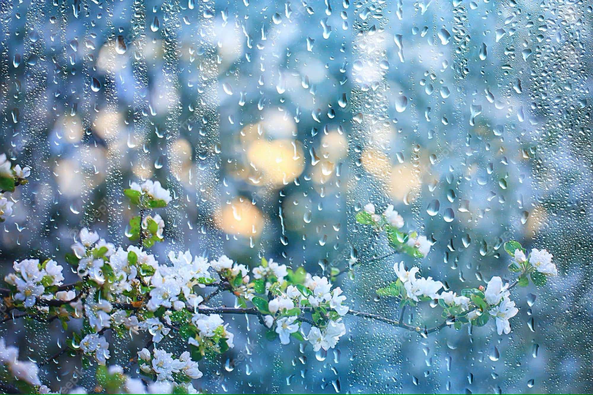 Spring Rain 桌布 壁紙 — 白色花朵從雨痕斑斑的玻璃中探出頭來，柔和的金色燈光在窗外溫暖地閃爍。