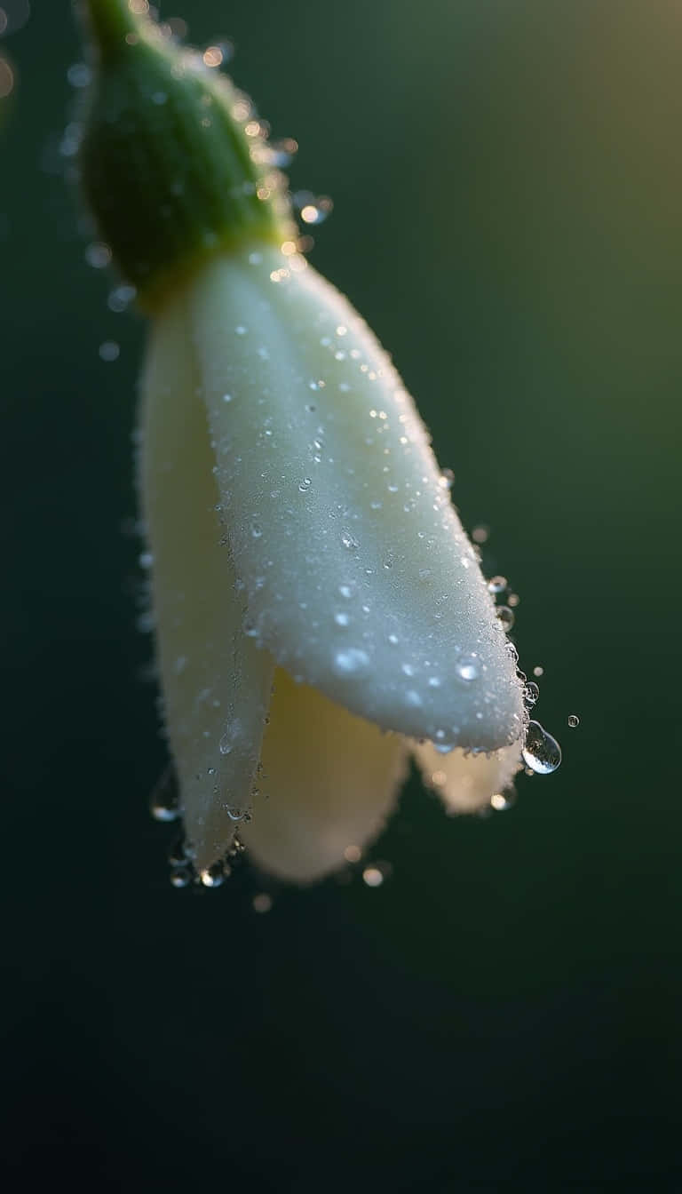 Flower 壁紙 — 白色花蕾的特寫，覆蓋著閃爍的水珠，背景是深綠色模糊的。