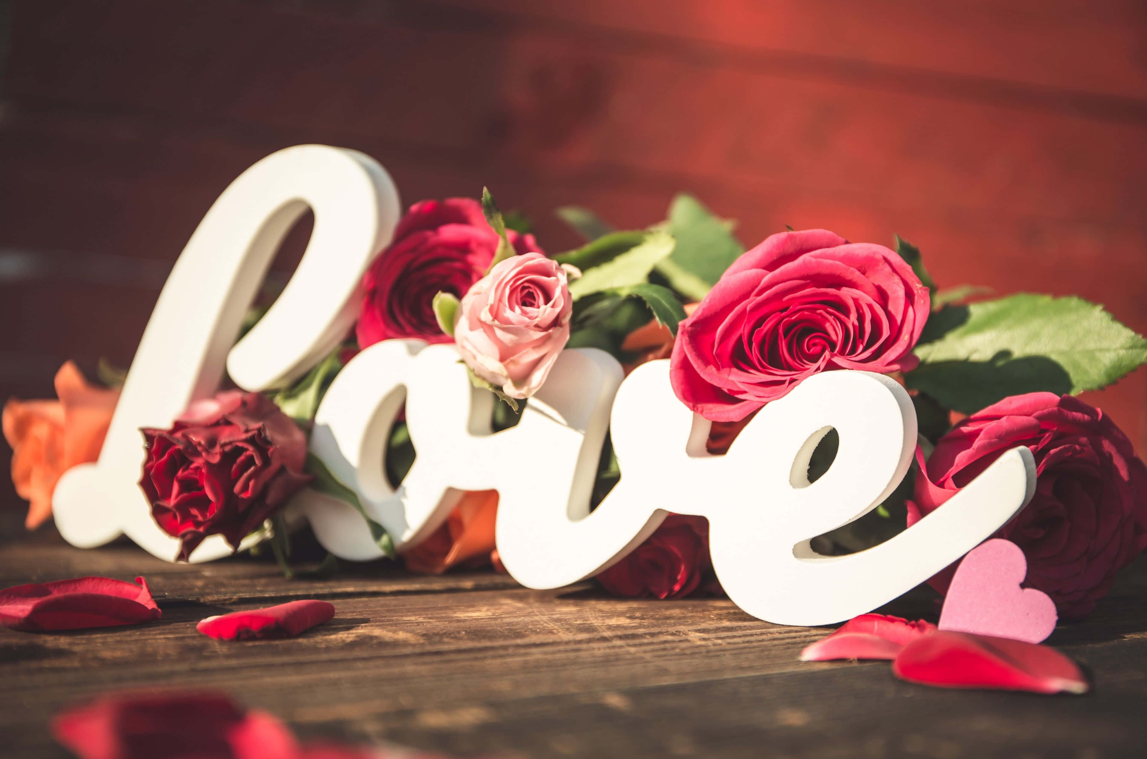 Sweet Love 桌布 壁紙 — 白色草書 'love' 字母點綴在質樸木質表面上鮮豔的紅粉玫瑰之間。