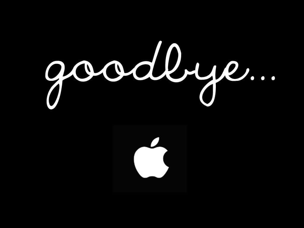 再見 桌布 壁紙 — 白色草書再見文字和Apple標誌居中在純黑色背景上。