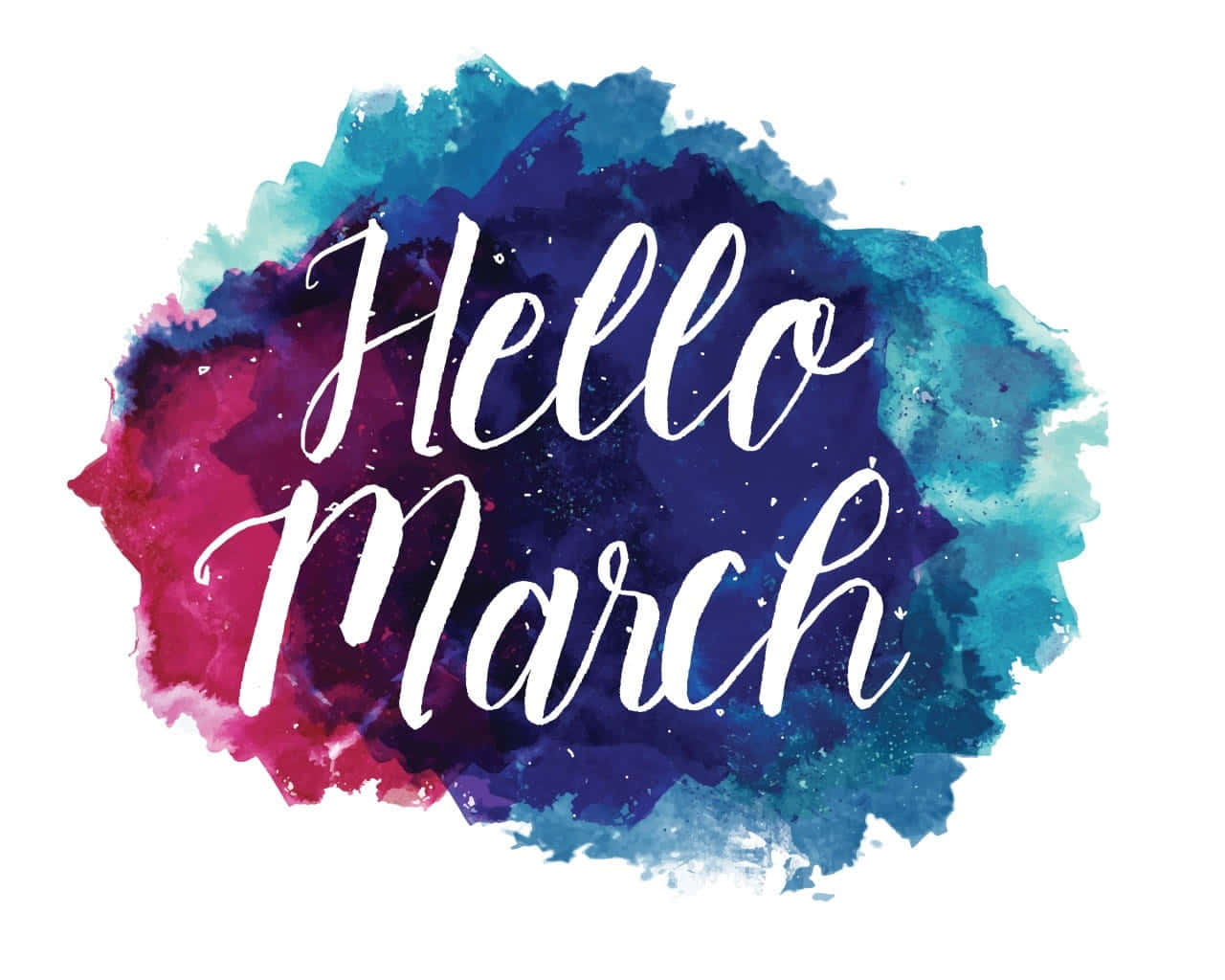 Hello March 文字以白色草書呈現在彩色水彩背景上 — 星雲 GIF 壁紙