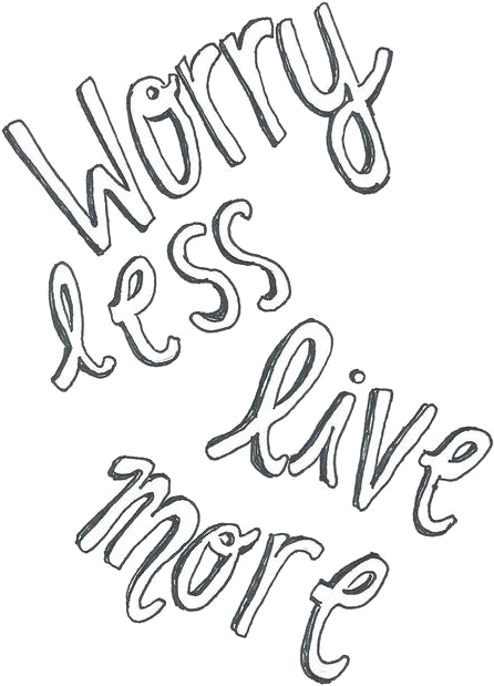 動力 桌布 壁紙 — 白色草書文字 'Worry less live more' 在純黑背景上對角漂浮。