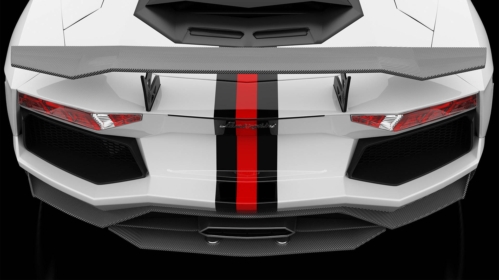 4K Lamborghini 桌布 壁紙 — 白色藍寶堅尼Aventador車尾特寫，展示碳纖維尾翼、紅色尾燈及大膽的紅黑賽車條紋。