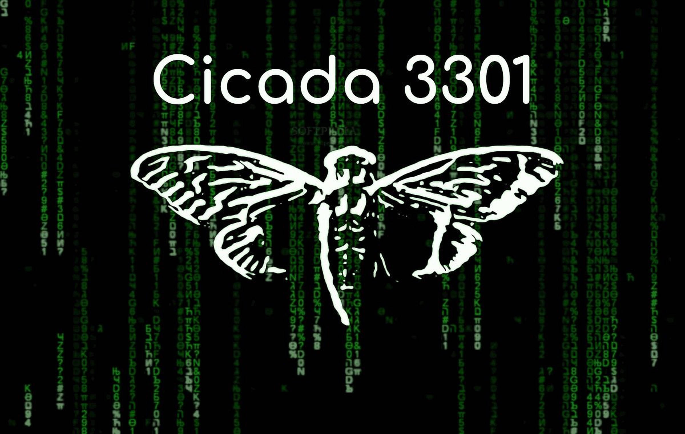 Cicada 桌布 壁紙 — 白色蟬的剪影從落下的綠色數位碼中浮現，上方有「Cicada 3301」文字。