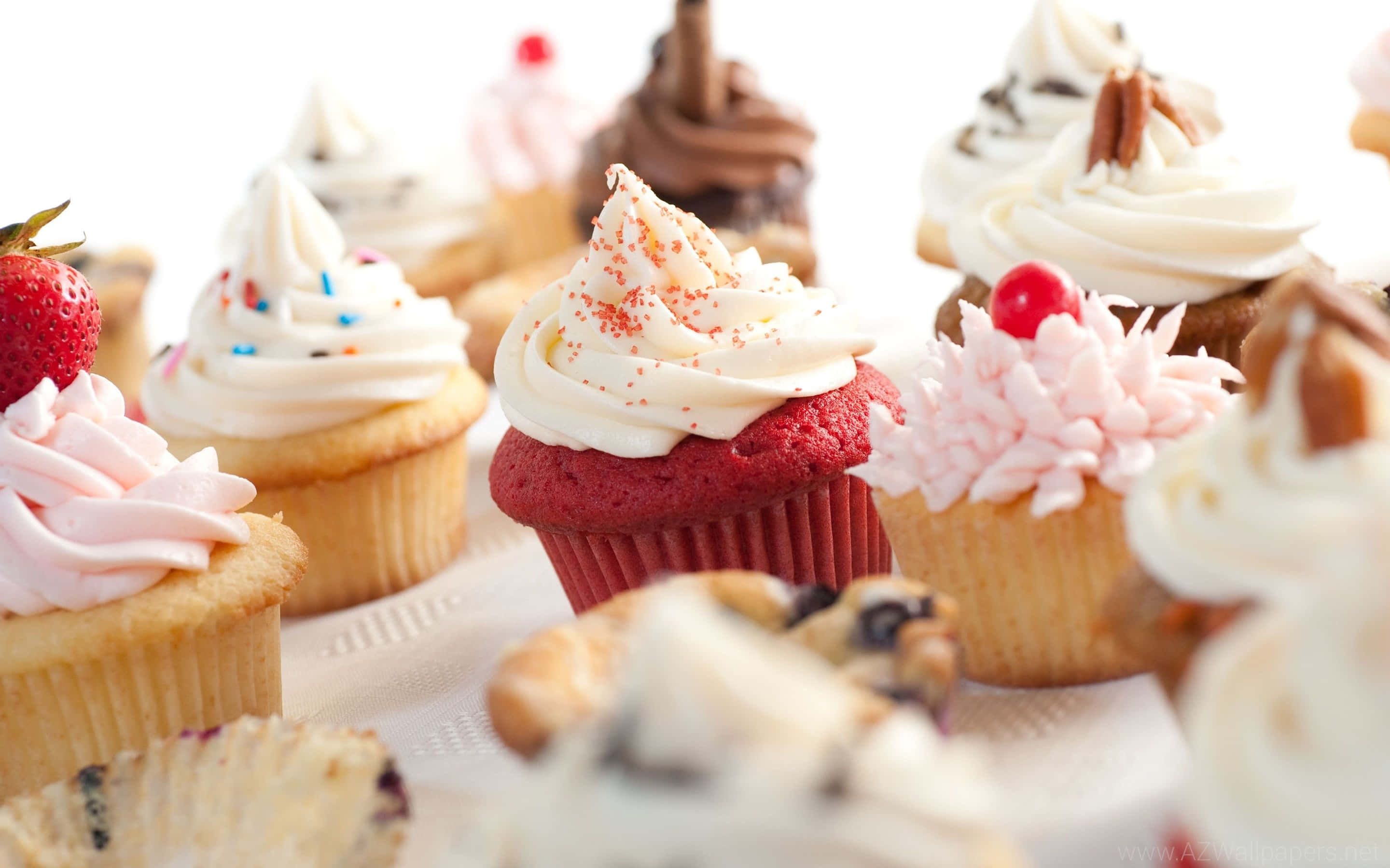 Cute Cupcake 桌布 壁紙 — 白色表面上各種色彩繽紛的杯子蛋糕，上面有鮮奶油配料和新鮮水果裝飾的特寫。
