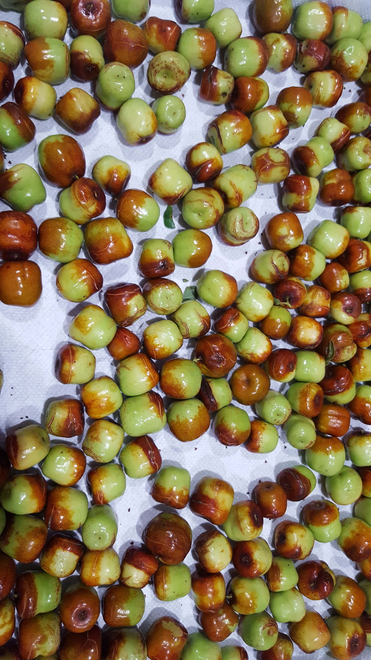 Winter Fruits 桌布 壁紙 — 白色表面上散落著光澤的綠色和棕色紅棗的特寫，展示其紋理表皮和自然色彩漸變。