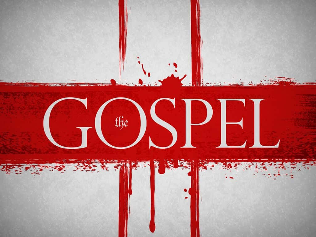 Gospel 桌布 壁紙 — 白色襯線字體「gospel」一詞居中置於有紋理的灰色背景上，帶有粗體的紅色十字筆觸和類似血跡的飛濺。