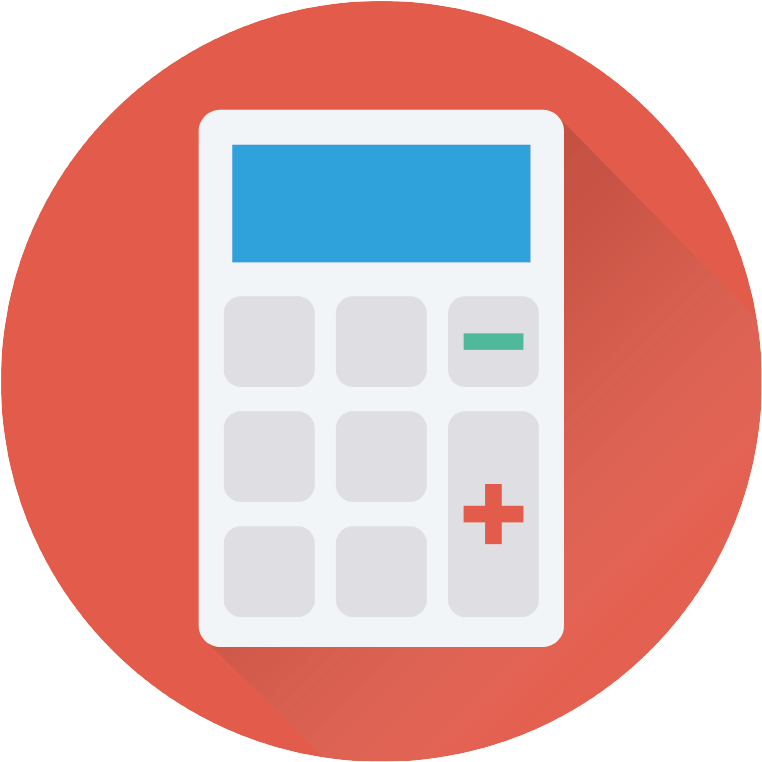 Calculator Icon 桌布 壁紙 — 白色計算機，藍色螢幕，紅色加號按鈕，居中於珊瑚紅圓形背景上。
