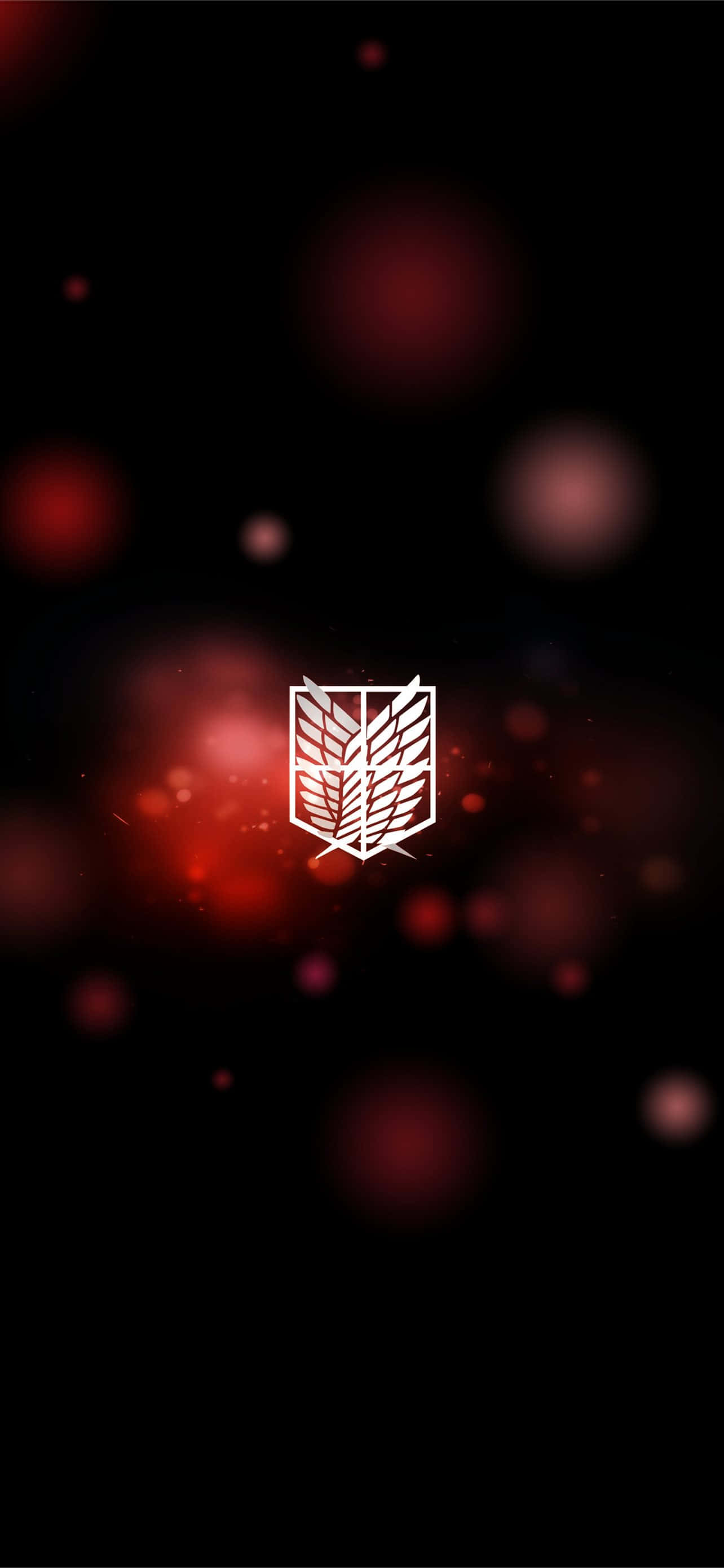 Cool Anime iPhone 桌布 壁紙 — 白色調查兵團徽章在深色背景上發光，帶有柔和的紅色散景燈光。