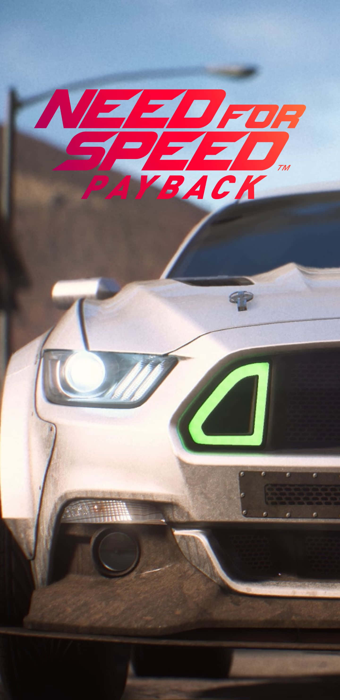 Pixel 3xl Need For Speed Payback 桌布 壁紙 — 白色賽車前格柵發出綠色光芒的特寫，上方有「Need for Speed Payback」標誌。
