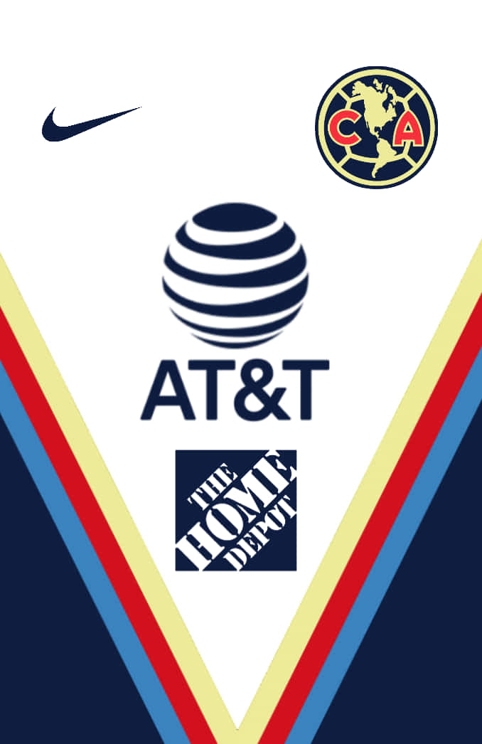 Club America 桌布 壁紙 — 白色足球球衣正面，印有Nike AT&T和Club América標誌，以及色彩鮮豔的V形條紋。