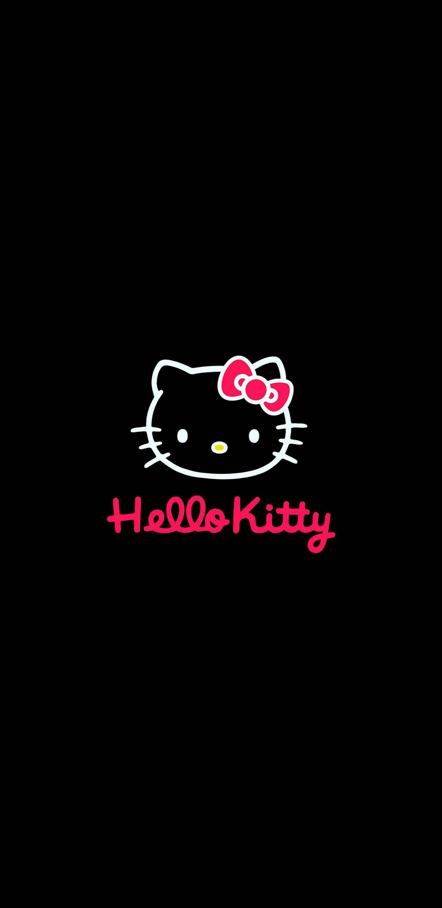 Kitty 桌布 壁紙 — 白色輪廓和粉紅色蝴蝶結的Hello Kitty標誌，純黑色背景上帶有粉紅色草書文字。