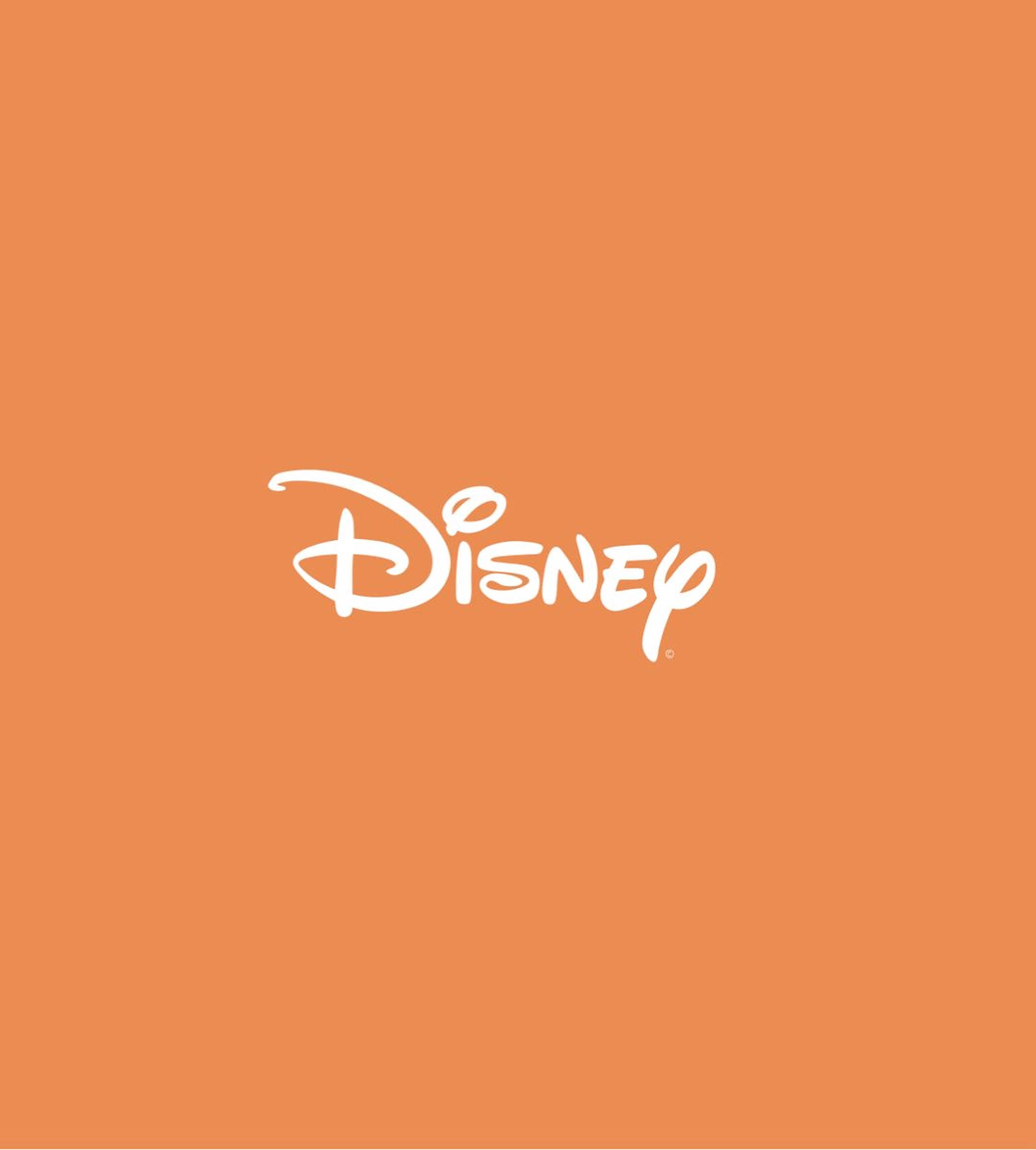 Disney Logo 桌布 壁紙 — 白色迪士尼標誌居中於純橙色背景上，設計簡潔極簡。