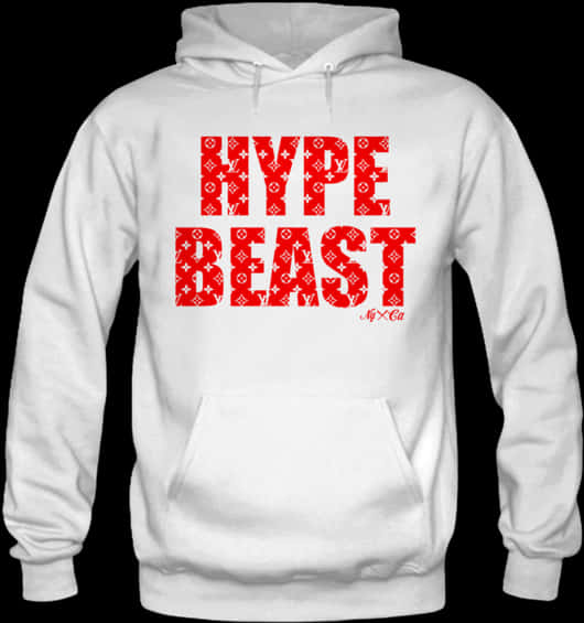 Clothes 桌布 壁紙 — 白色連帽上衣，上面有粗體紅色 'HYPE BEAST' 文字，文字內填滿重複的 Louis Vuitton 字母圖案，背景為黑色。