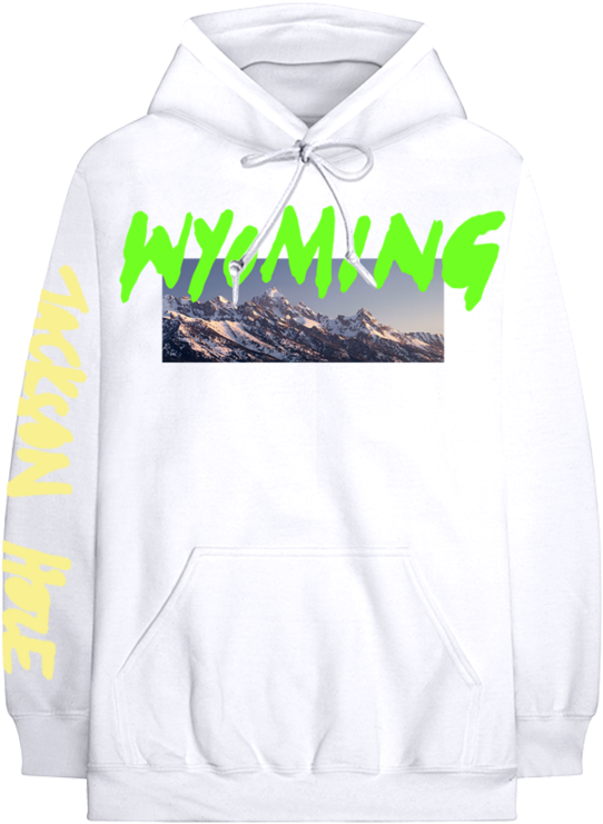 Vlone 桌布 壁紙 — 白色連帽衫，正面有螢光綠色 'WYOMING' 文字和雪山印花，袖子上有黃色 'JACKSON HOLE' 文字。