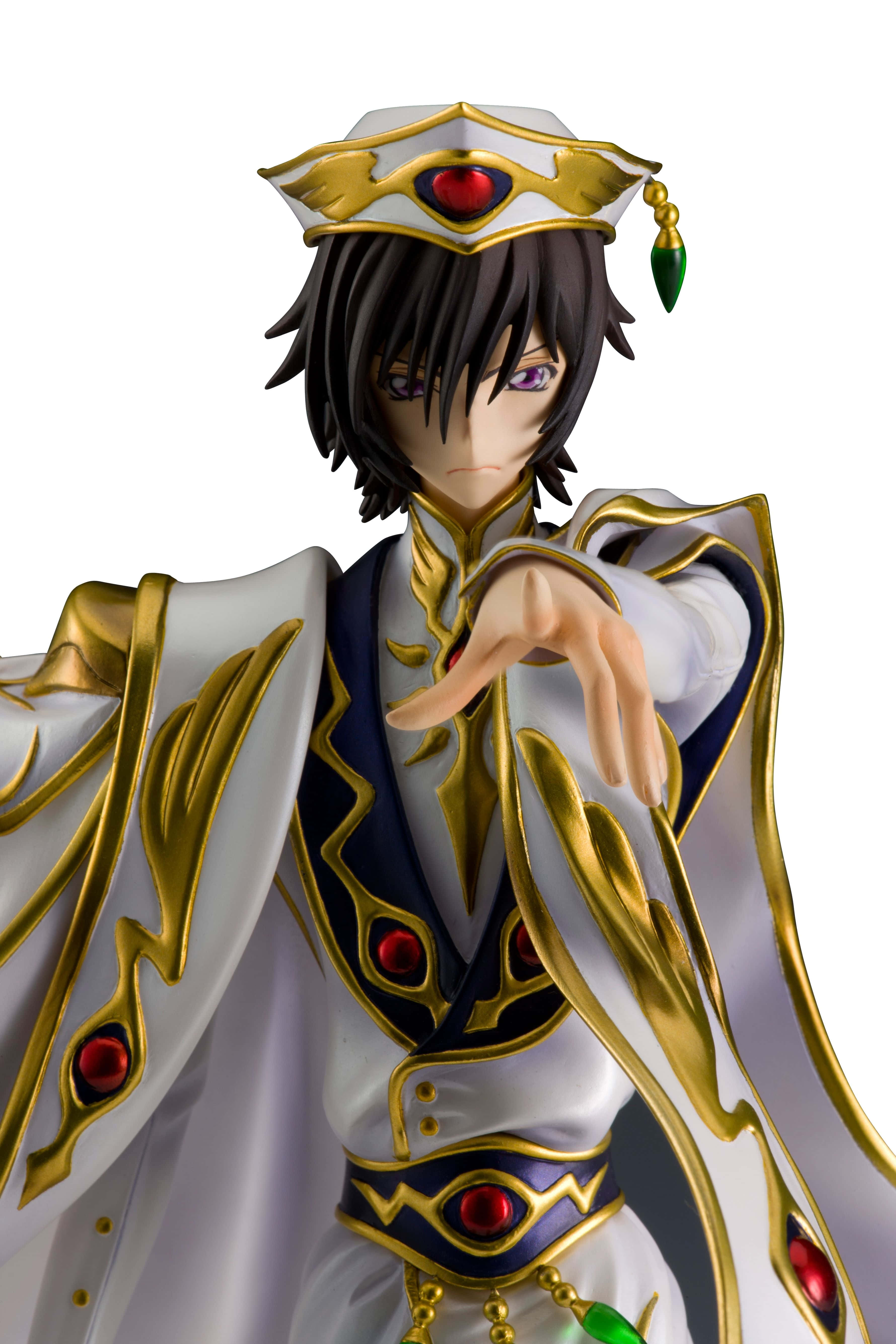 lelouch lamperouge 桌布 壁紙 — 白色金色和紅色皇家服飾的動漫人物，戴著皇冠，在白色背景上伸出手。