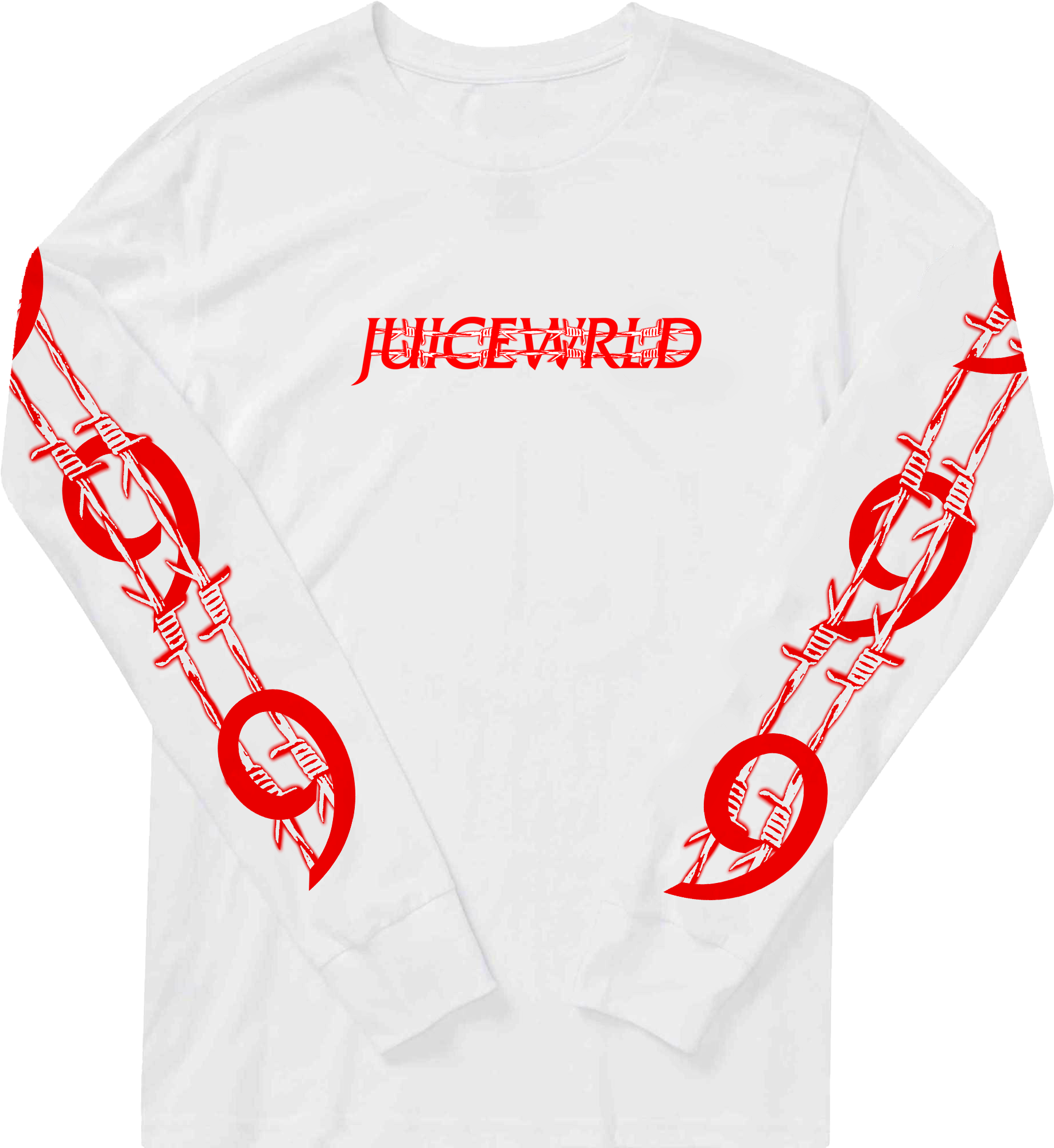 Juice WRLD 桌布 壁紙 — 白色長袖襯衫，帶有粗體紅色「JUICEWRLD」文字和袖子上的鐵絲網鏈圖案。