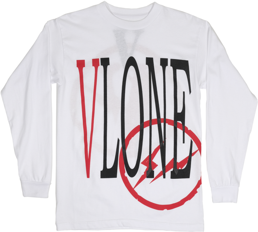 剪貼畫 桌布 壁紙 — 白色長袖襯衫，帶有粗體黑色和紅色的「VLONE」標誌，圓圈內有閃電。