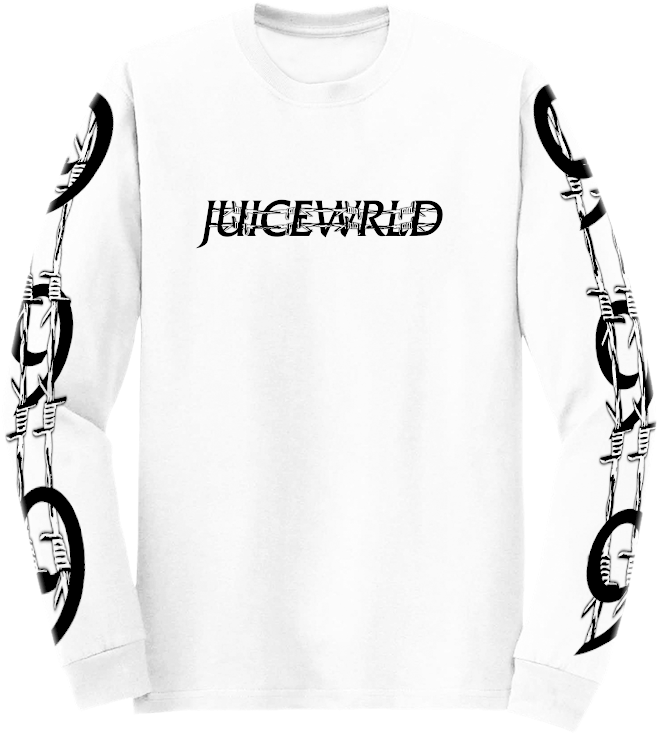 Juice WRLD 桌布 壁紙 — 白色長袖襯衫，胸前有粗體黑色「JUICEWRLD」文字，袖子上有鐵絲網鏈條圖案。