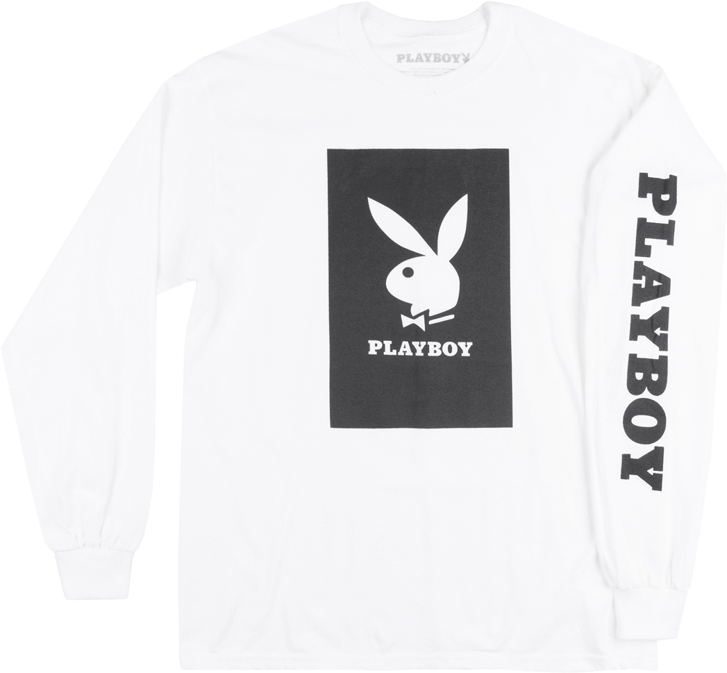 花花公子 桌布 壁紙 — 白色長袖襯衫，胸前有黑色長方形Playboy兔子標誌，袖子上有垂直的Playboy文字。