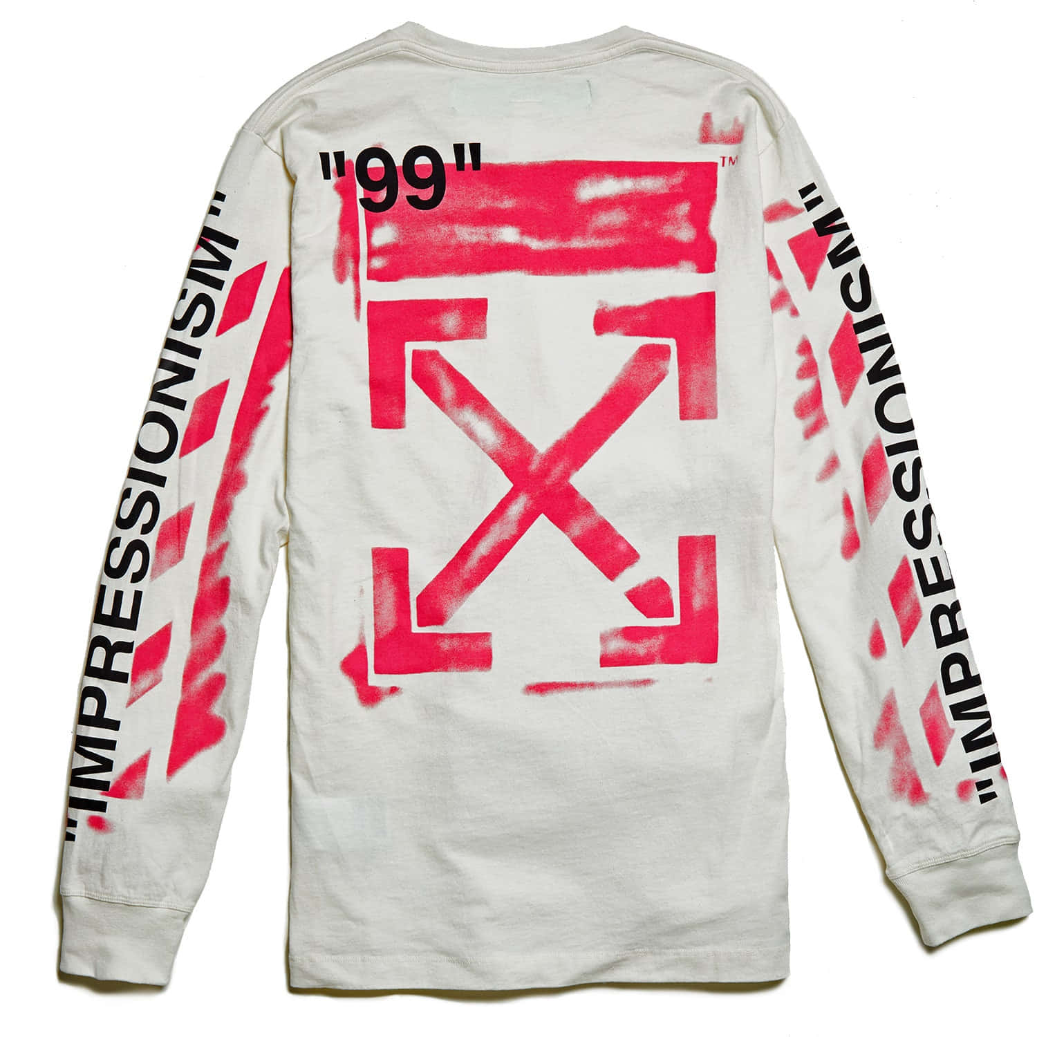 off white 桌布 壁紙 — 白色長袖襯衫，袖子上有粗體紅色塗鴉風格標誌和「IMPRESSIONISM」文字，背景為純色。