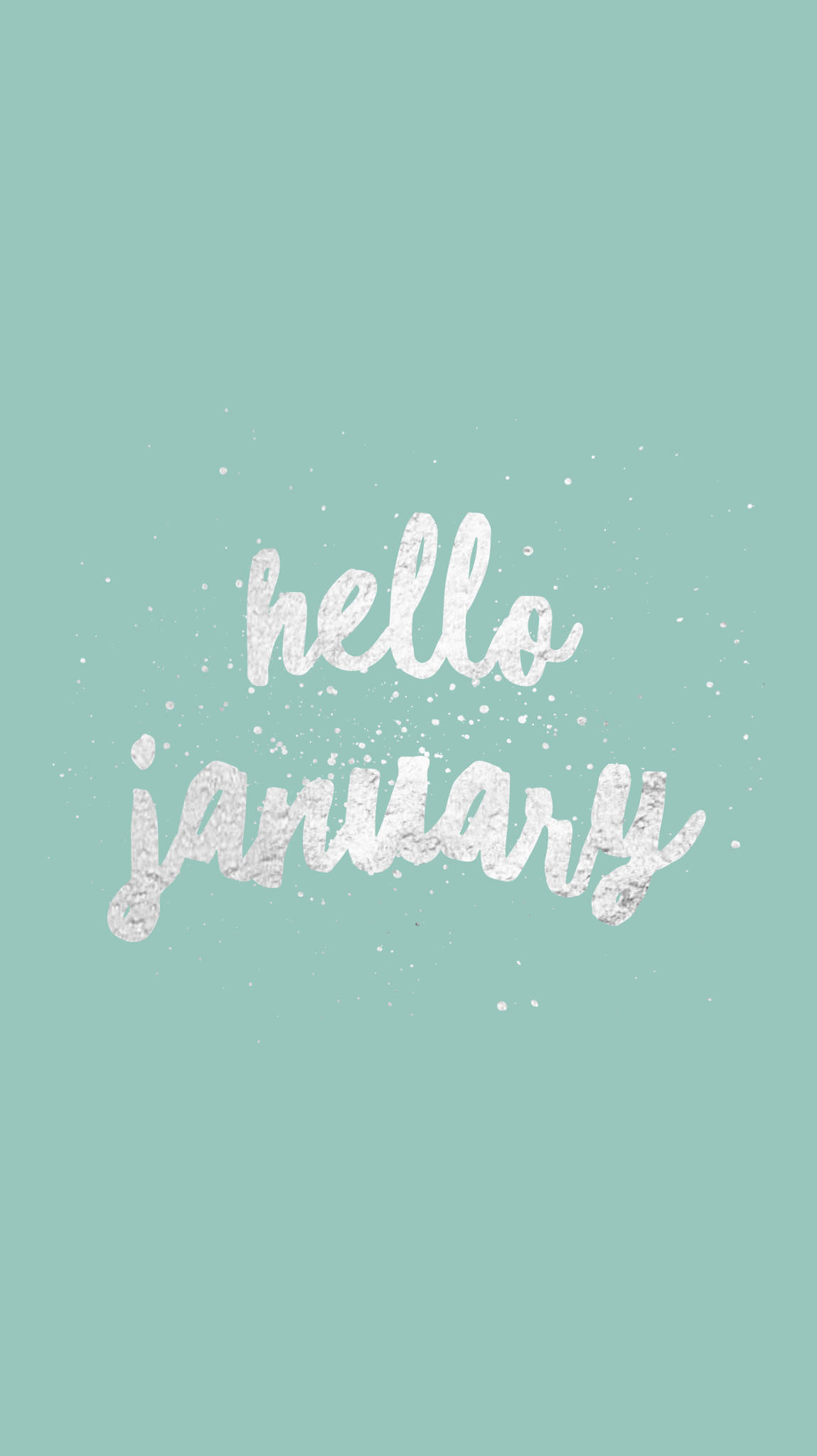 一月 桌布 壁紙 — 白色閃亮草書文字「hello january」漂浮在柔和的薄荷綠色背景上，帶有散落的閃光。
