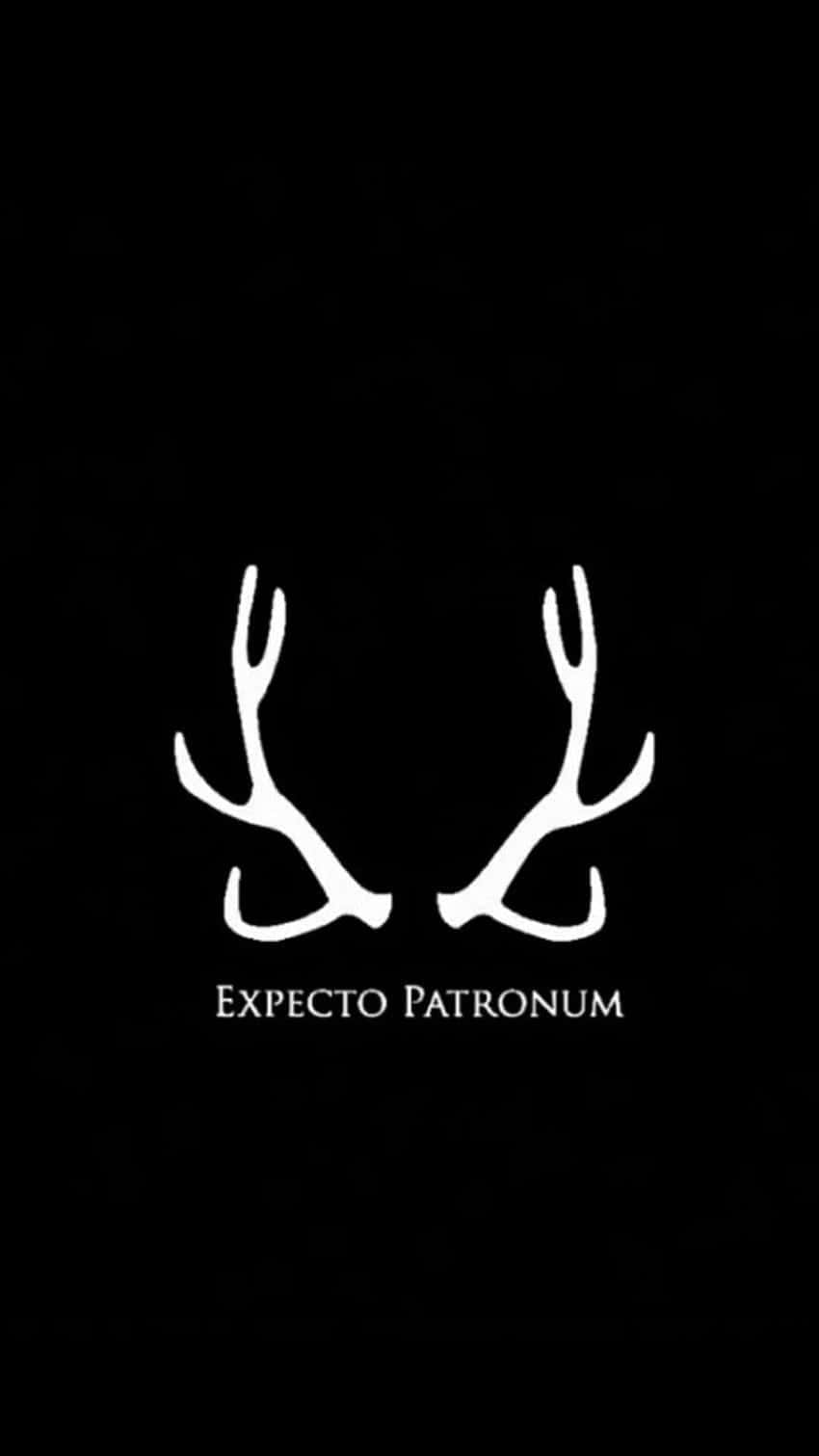 Magic Spells 桌布 壁紙 — 白色雄鹿角與文字 Expecto Patronum 在純黑背景上發光。