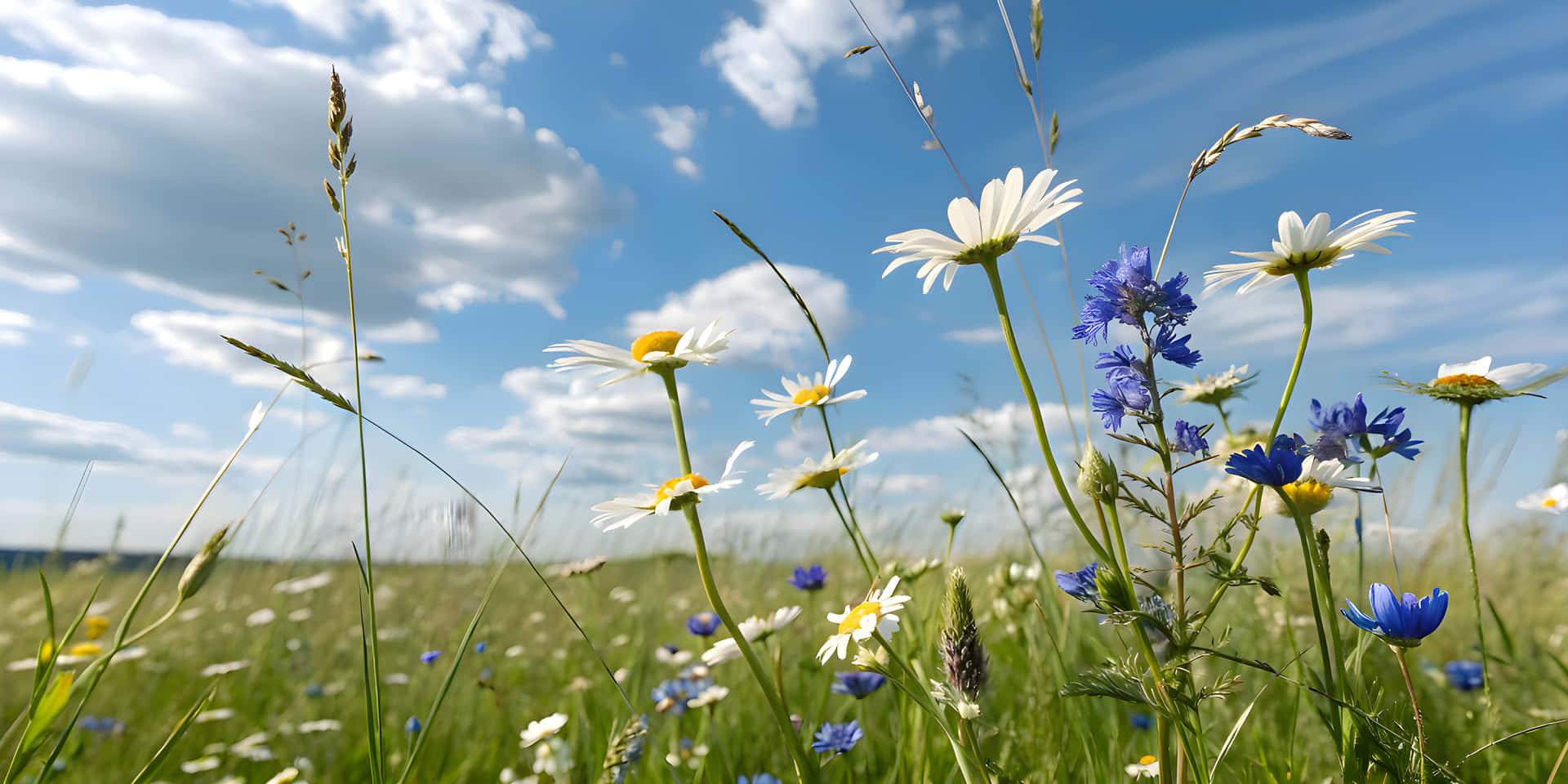 Beautiful flowers and clear sky 壁紙 — 白色雛菊和藍色矢車菊在陽光明媚的草地上搖曳，天空湛藍，白雲朵朵。