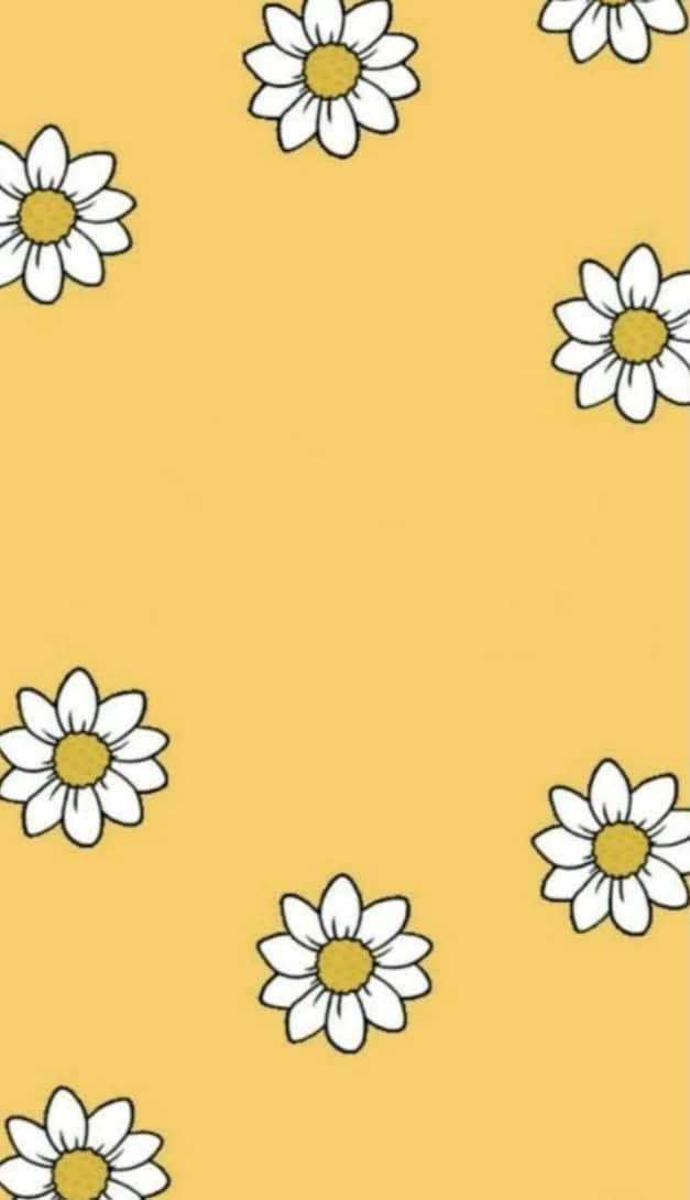 Aesthetic Yellow 桌布 壁紙 — 白色雛菊帶黃色花心稀疏地漂浮在純芥末黃色背景上。