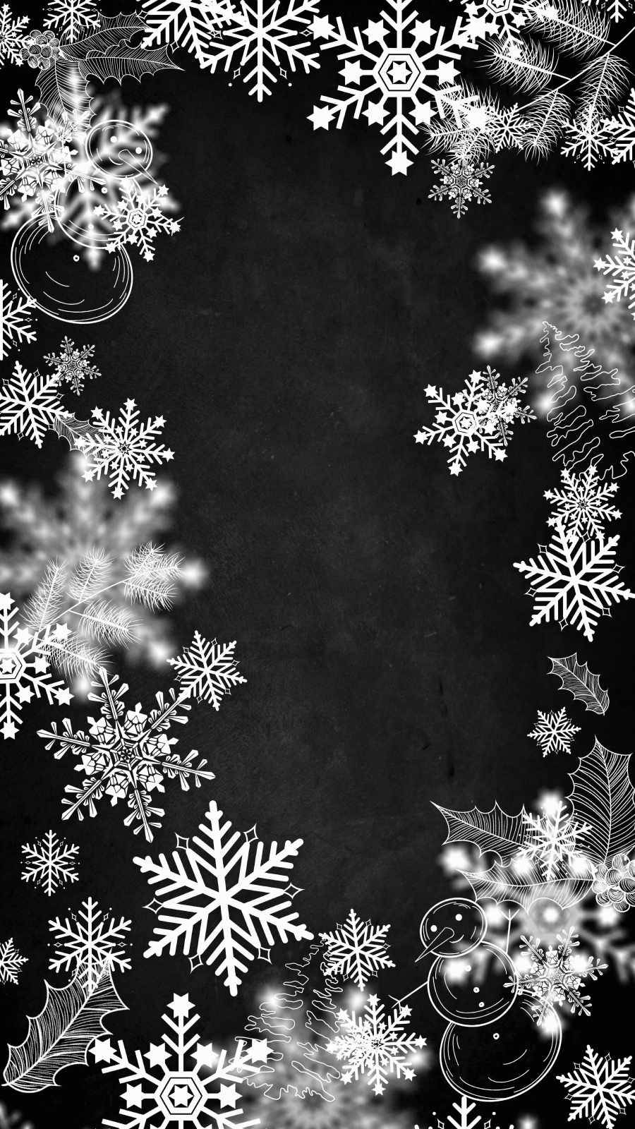 Snowflake iPhone 桌布 壁紙 — 白色雪花、冬青和雪人框住深色黑板背景，營造出節日冬季邊框設計。