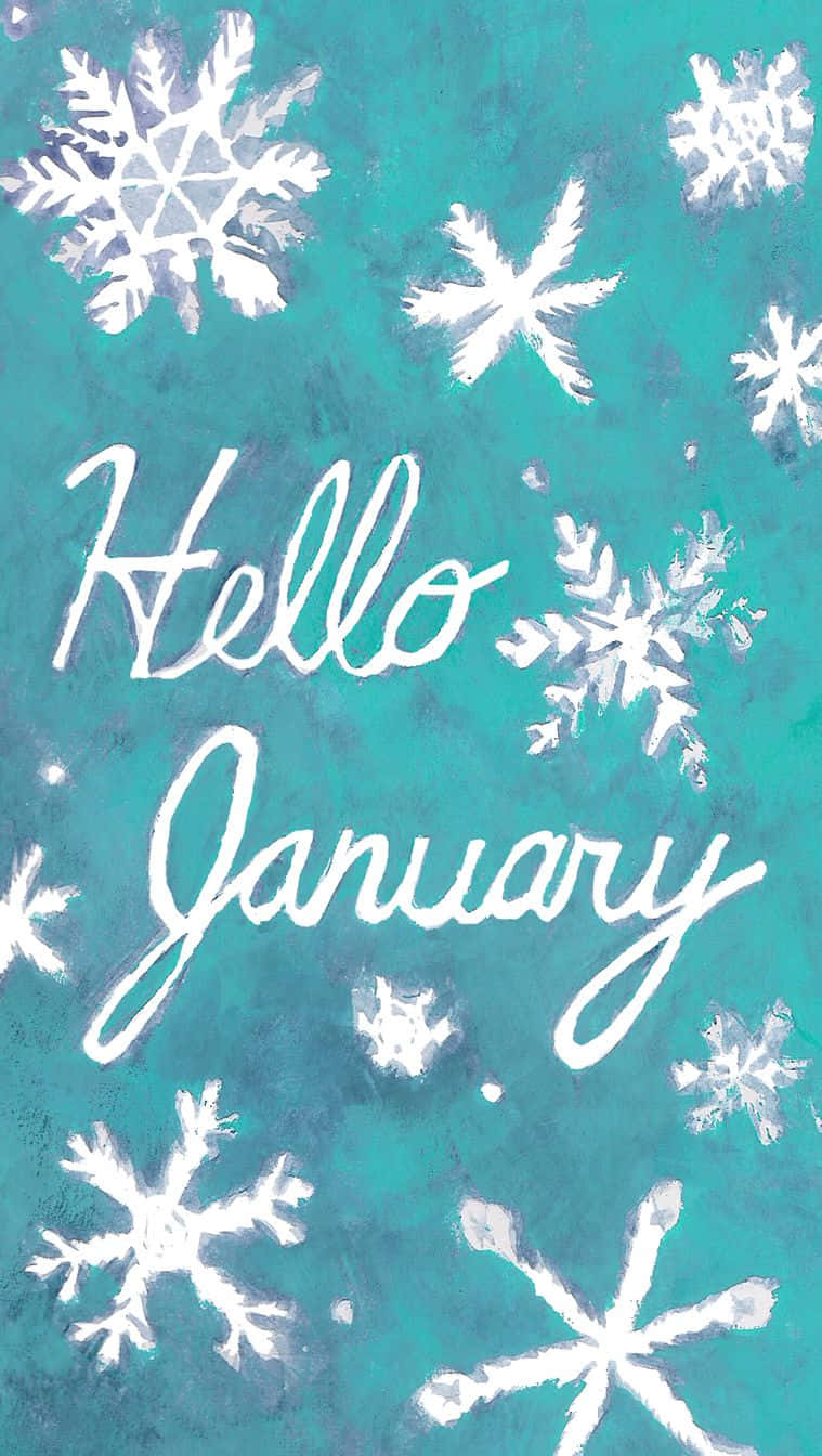 Hello January 桌布 壁紙 — 白色雪花在帶有紋理的青綠色背景上飄落，並有手寫體「Hello January」文字。
