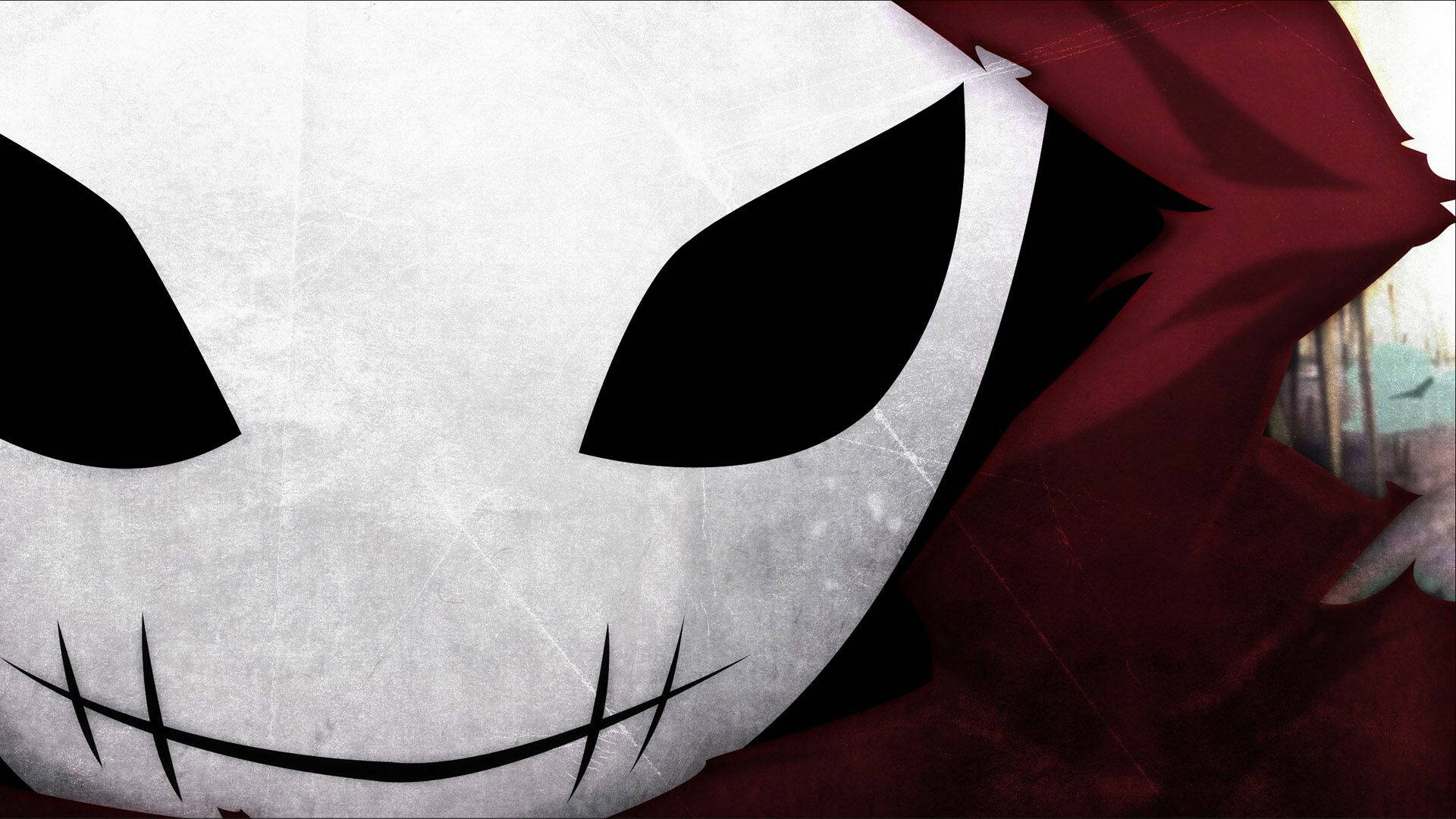 Scary Anime Boy 桌布 壁紙 — 白色面具臉部特寫，有黑色眼縫和縫製的笑容，背景是紅色連帽斗篷。