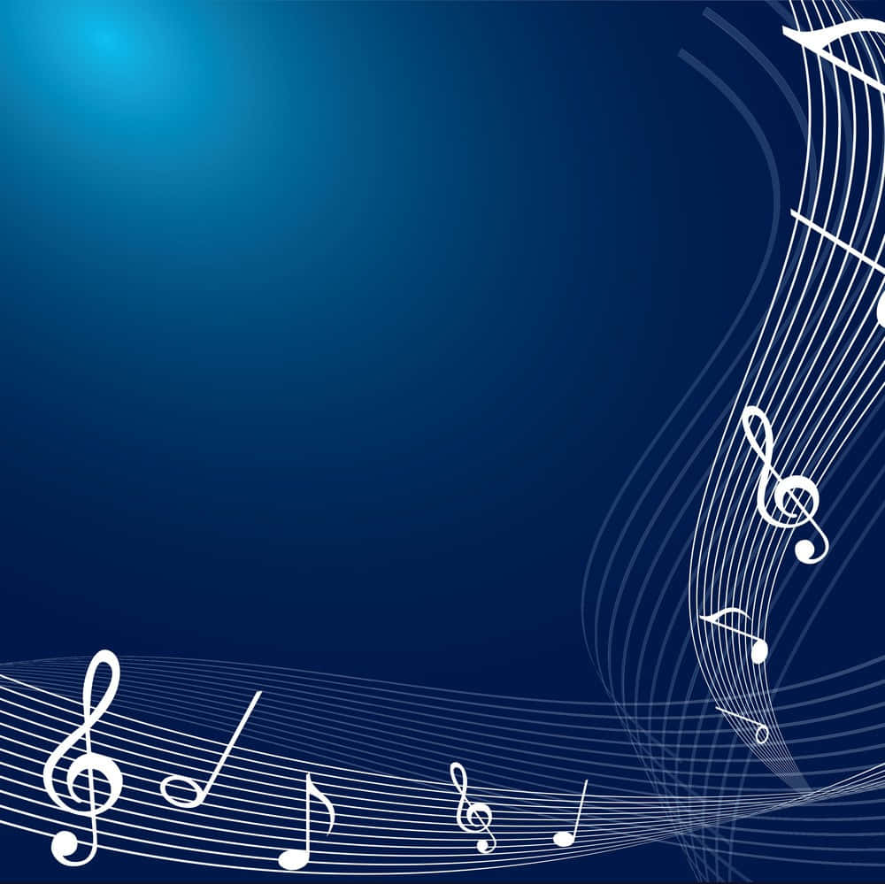 Music Notes 桌布 壁紙 — 白色音符和五線譜在漸變藍色背景上動態流動。