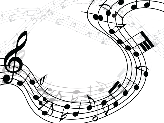 音樂 桌布 壁紙 — 白色音符和五線譜在純黑色背景上動態地旋轉，形成流動的抽象構圖。