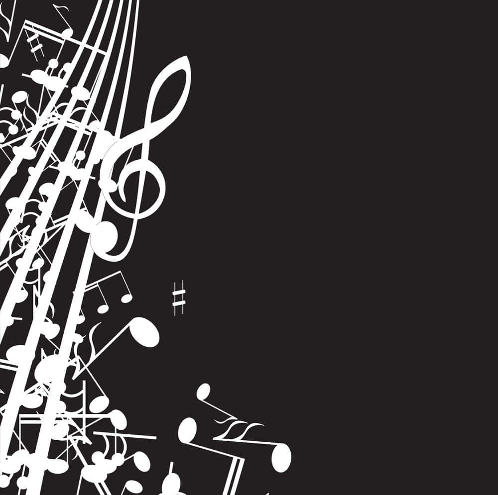 Music Notes 桌布 壁紙 — 白色音符和符號在純黑色背景上以對角線方式層疊，呈現大膽的圖形設計。