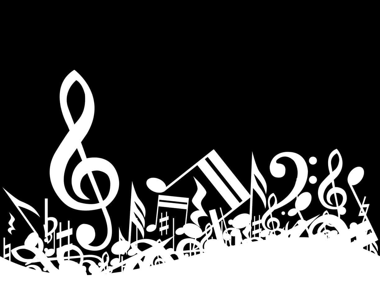 Black And White Music 桌布 壁紙 — 白色音符和符號在純黑色背景上動態漂浮，呈現大膽的圖形設計。