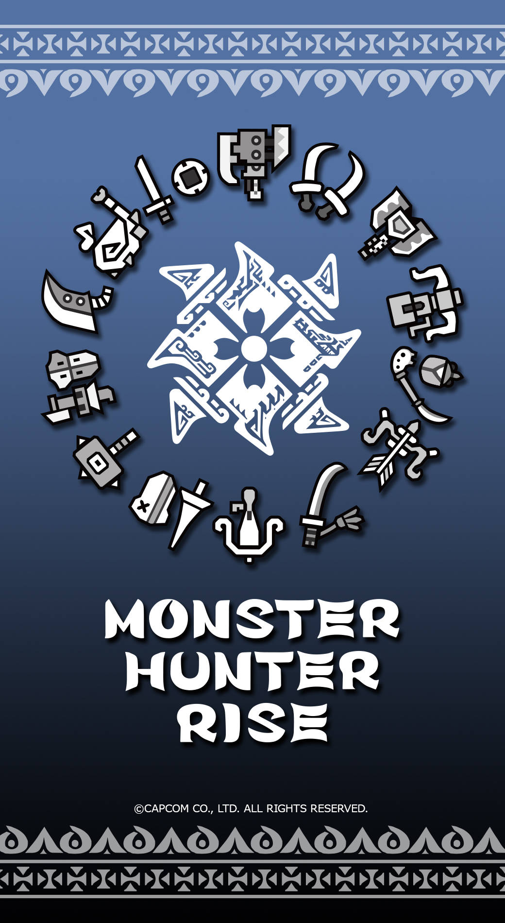 Monster Hunter Phone 桌布 壁紙 — 白色風格化武器和工具的圓形排列圍繞著中央幾何徽章，背景為藍色漸變，帶有部落邊框。