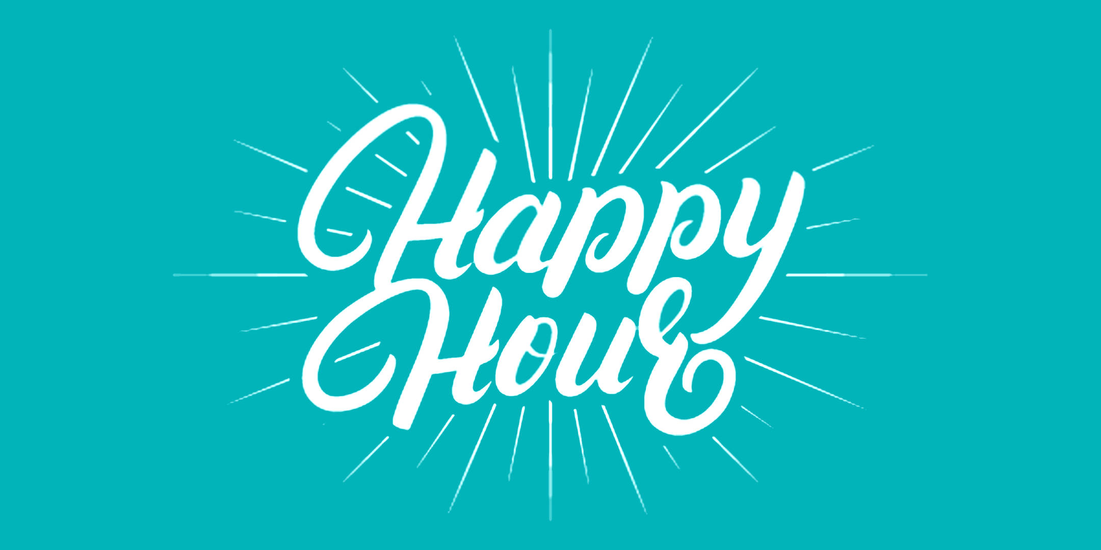 Hour 桌布 壁紙 — 白色風格化的「Happy Hour」文字在純青色背景上散發出太陽光線。