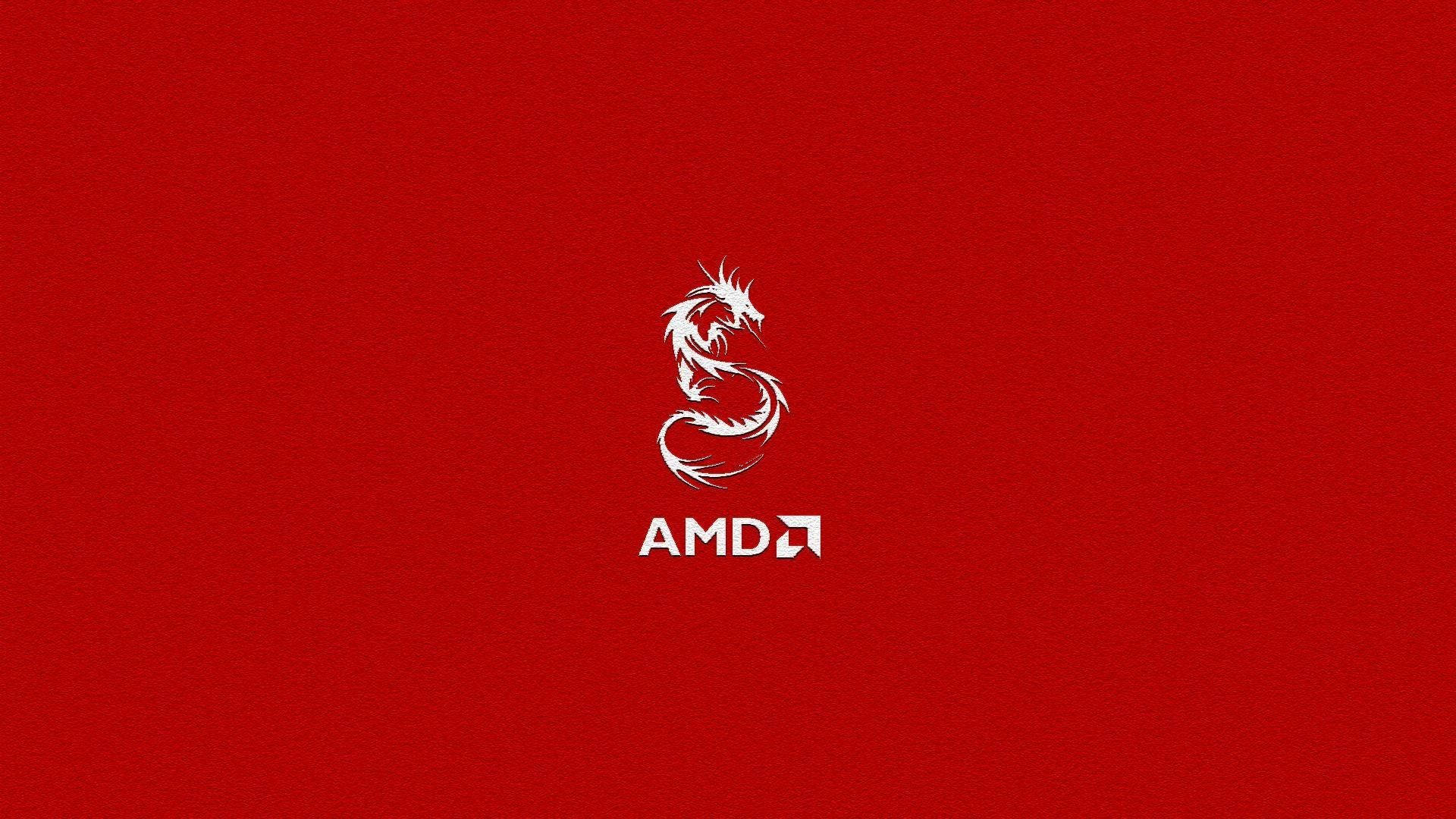 AMD 桌布 壁紙 — 白色風格化龍標誌和AMD文字居中於有紋理的紅色背景上。