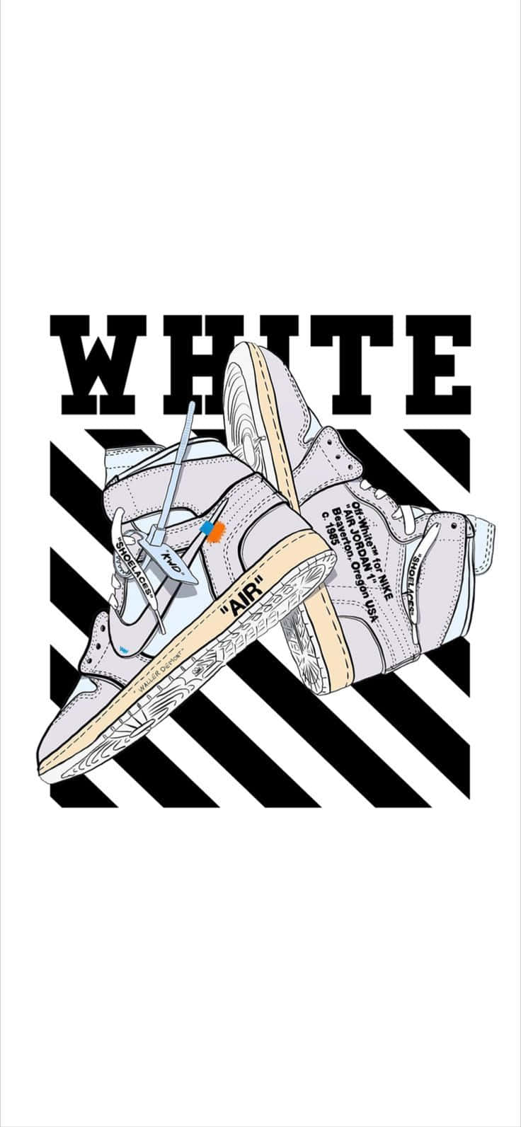 Off White Jordan 1 桌布 壁紙 — 白色高筒運動鞋交叉在粗體黑色對角線條上的圖形插圖，並帶有區塊字母的單詞 WHITE。