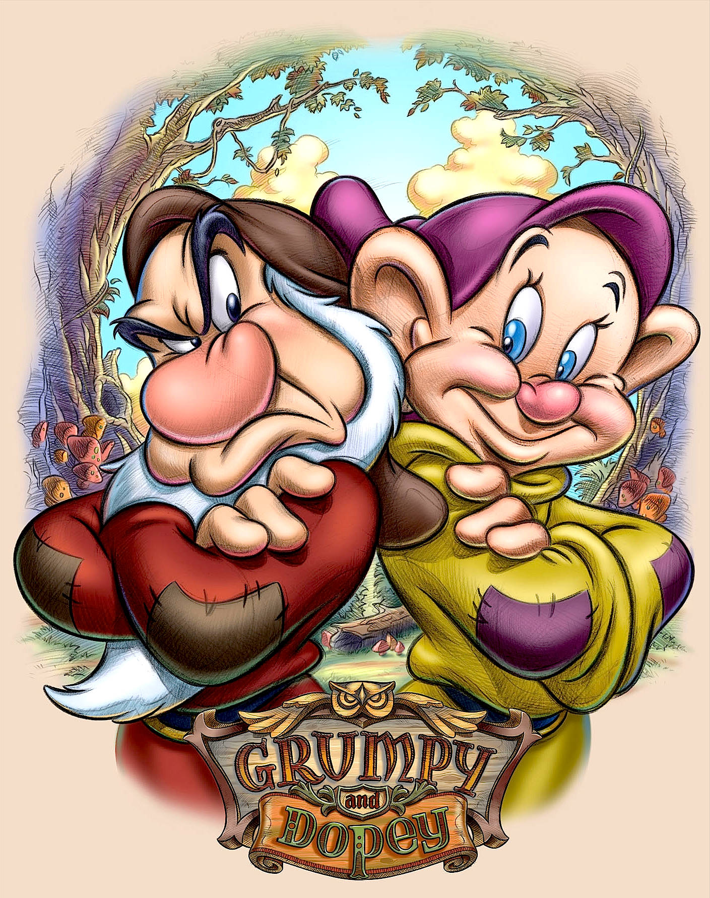 Dopey 桌布 壁紙 — 《白雪公主》中的愛生氣和糊塗蛋並排站在森林空地上，表情豐富，衣著色彩繽紛。