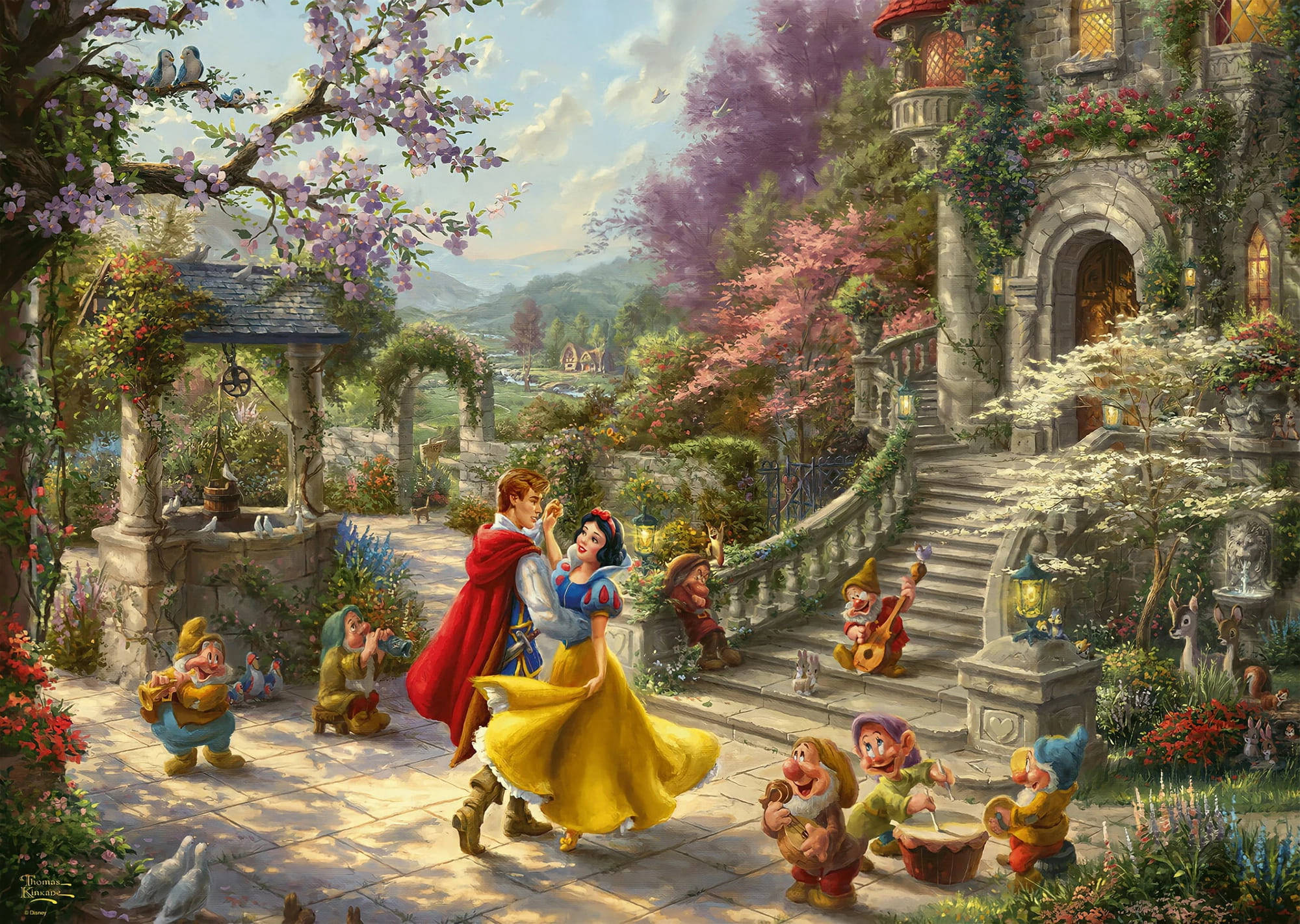 Seven Dwarfs 桌布 壁紙 — 白雪公主和白馬王子在陽光明媚的花園裡快樂地跳舞，七個小矮人在石城堡附近演奏音樂。