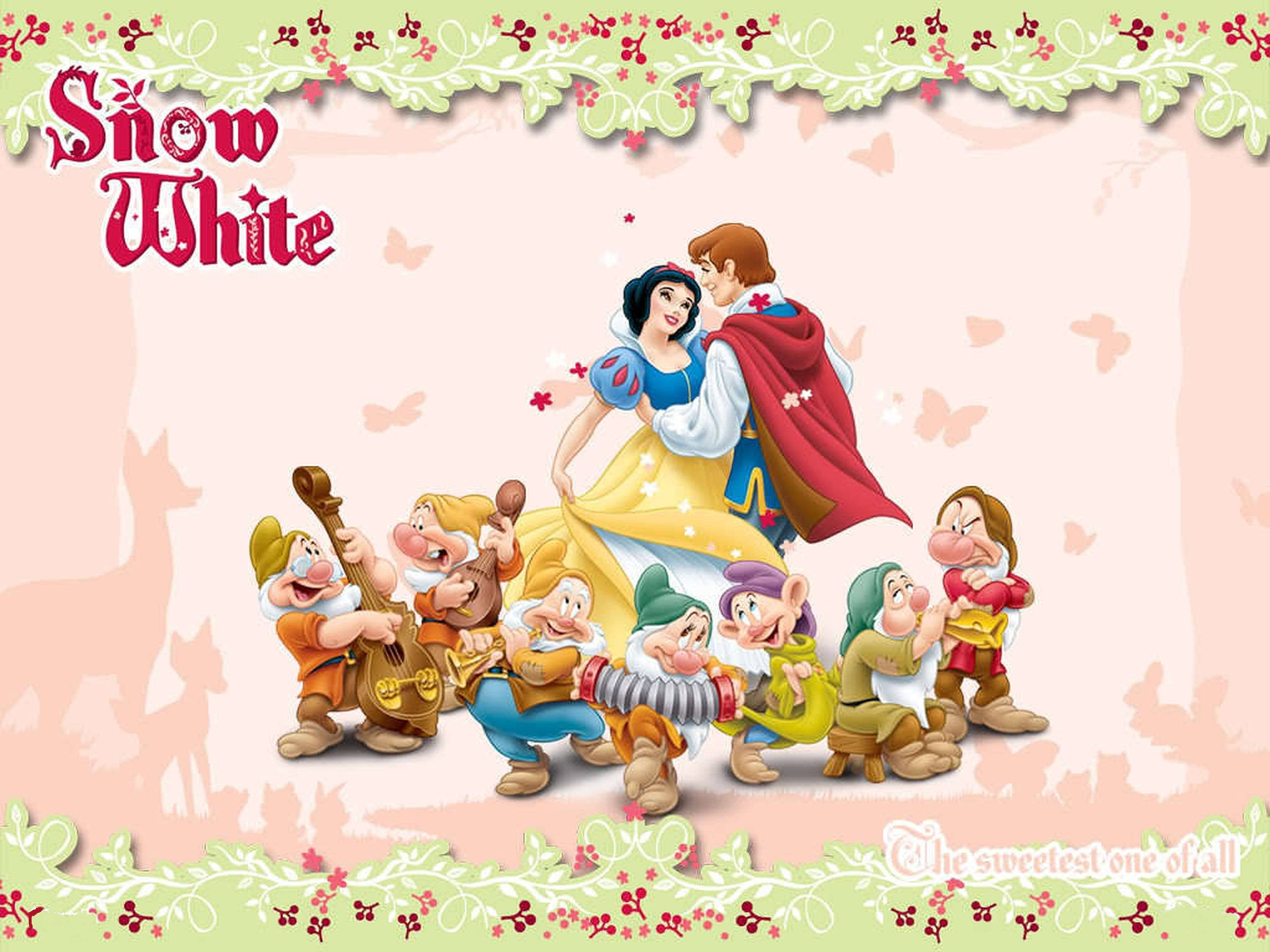Seven Dwarfs 桌布 壁紙 — 白雪公主和白馬王子接吻，七個小矮人在花卉框住的場景中演奏樂器。