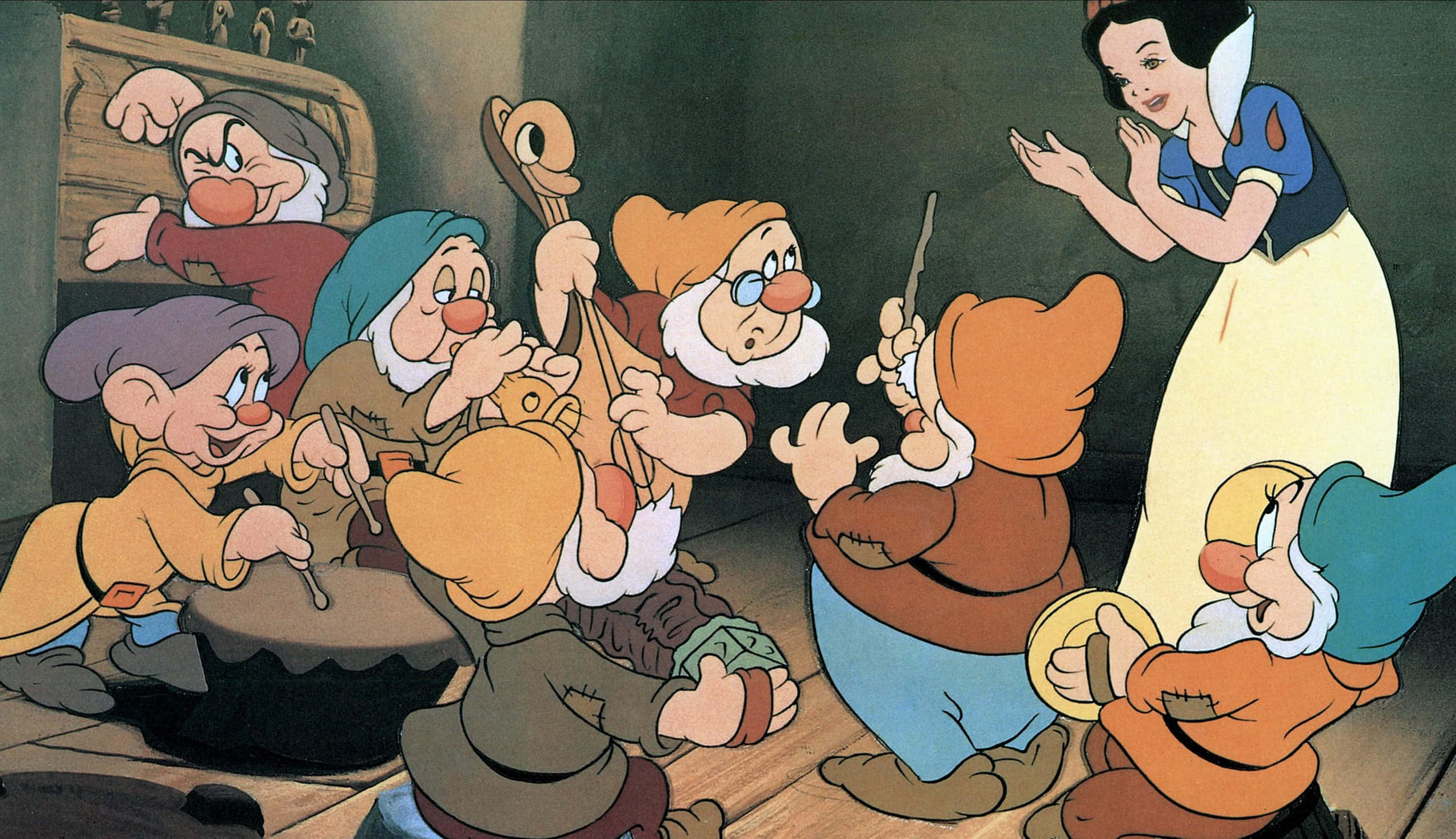 Fairy Tale 桌布 壁紙 — 白雪公主在他們舒適的地下小屋裡用歡快的歌聲迷住了七個小矮人。