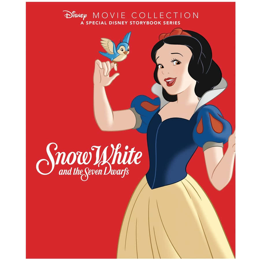 白雪公主 桌布 壁紙 — 白雪公主在經典迪士尼動畫中抱著一隻藍鳥，背景為大膽的紅色，配以優雅的白色文字。