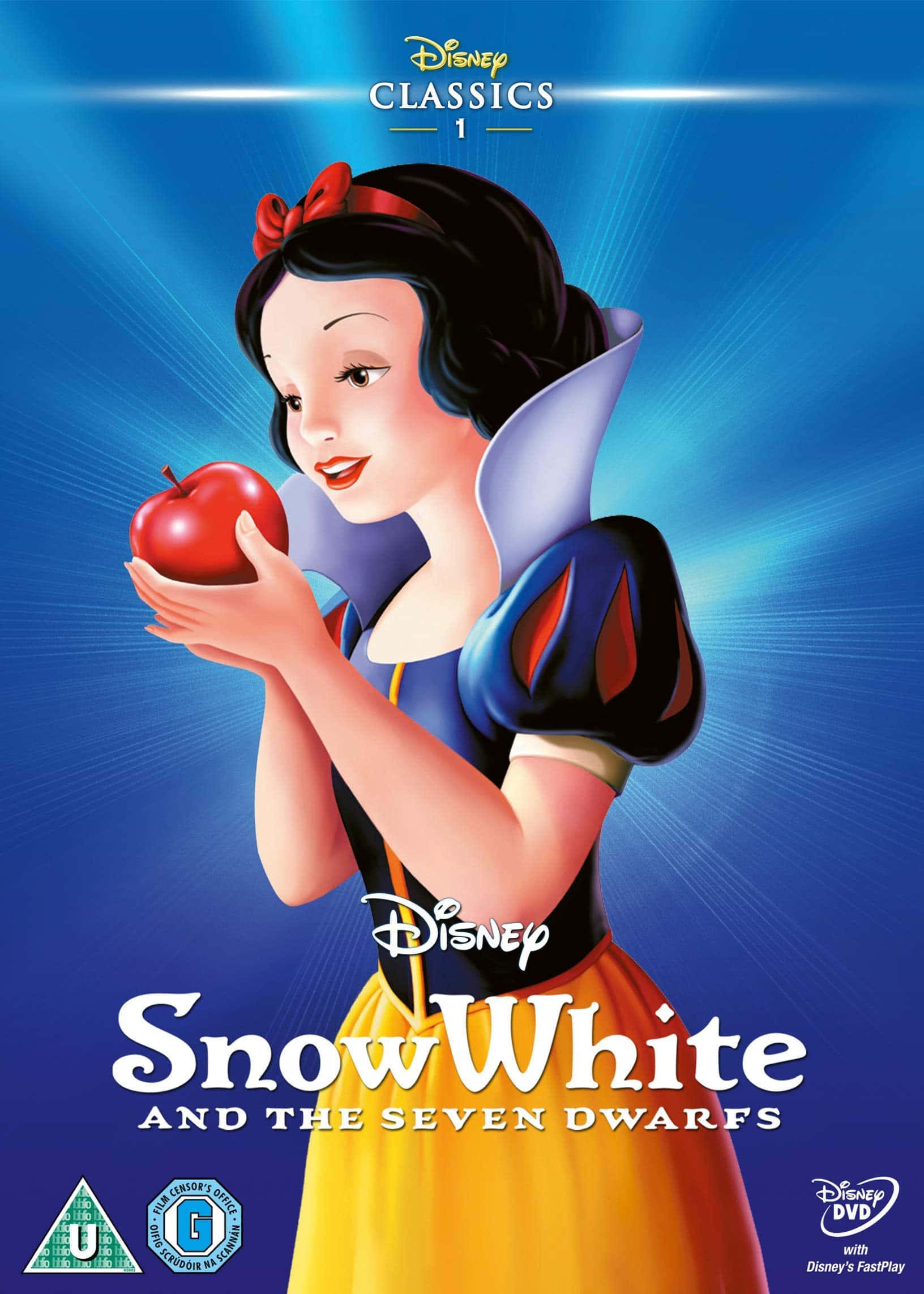 白雪公主 桌布 壁紙 — 白雪公主在經典迪士尼動畫海報中，手持紅蘋果，背景是耀眼的藍色。