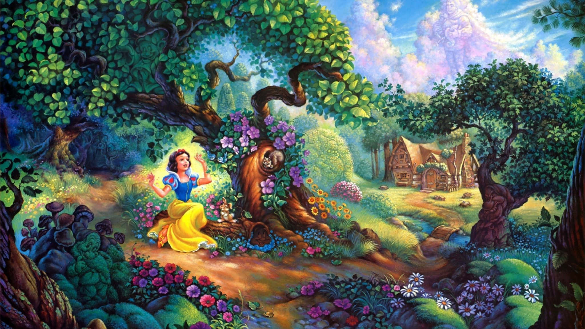 Fairy Tale 桌布 壁紙 — 白雪公主愉快地坐在一棵盛開的樹下，身處充滿活力的魔法森林，遠處有一座小屋。