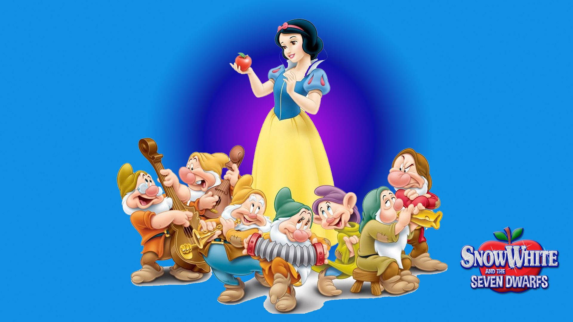 Seven Dwarfs 桌布 壁紙 — 白雪公主手持紅蘋果，被七個小矮人圍繞著演奏樂器，背景是充滿活力的藍色漸變。