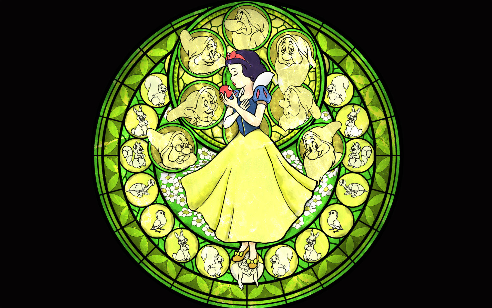 Seven Dwarfs 桌布 壁紙 — 白雪公主手持紅蘋果，被七個小矮人圍繞在一個充滿活力的彩色玻璃圓圈中，配有綠葉和白花。